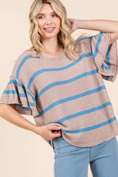 Mittoshop - Mocha & Blue Striped Flounce Sleeve Knit Top