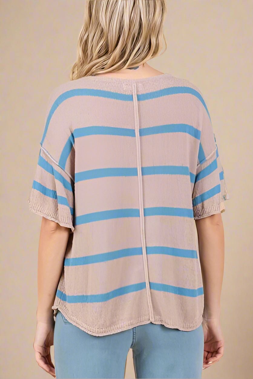Mittoshop - Mocha & Blue Striped Flounce Sleeve Knit Top