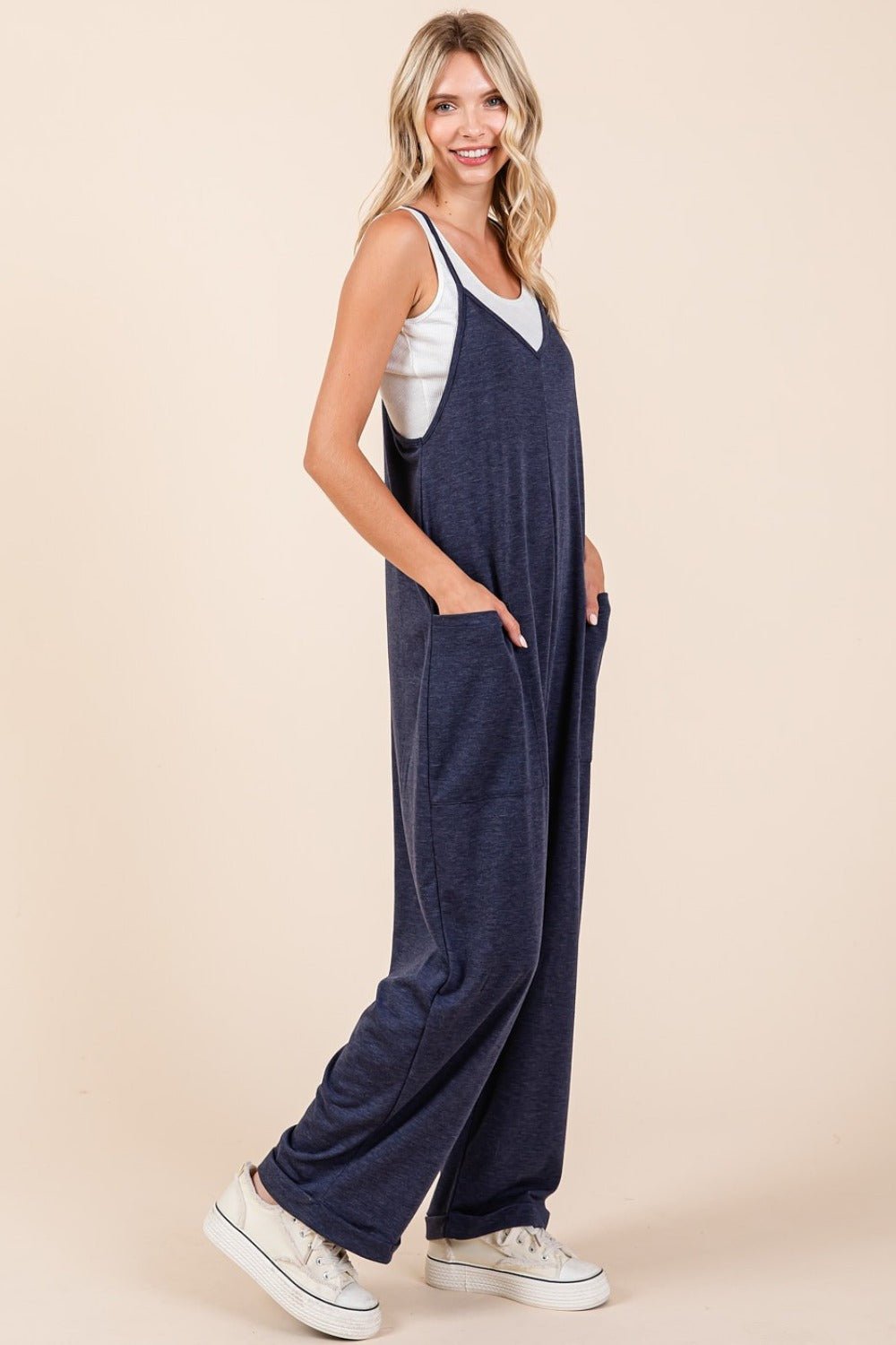 Mittoshop - Navy Patch Pocket Wide Leg Sleeveless Jumpsuit