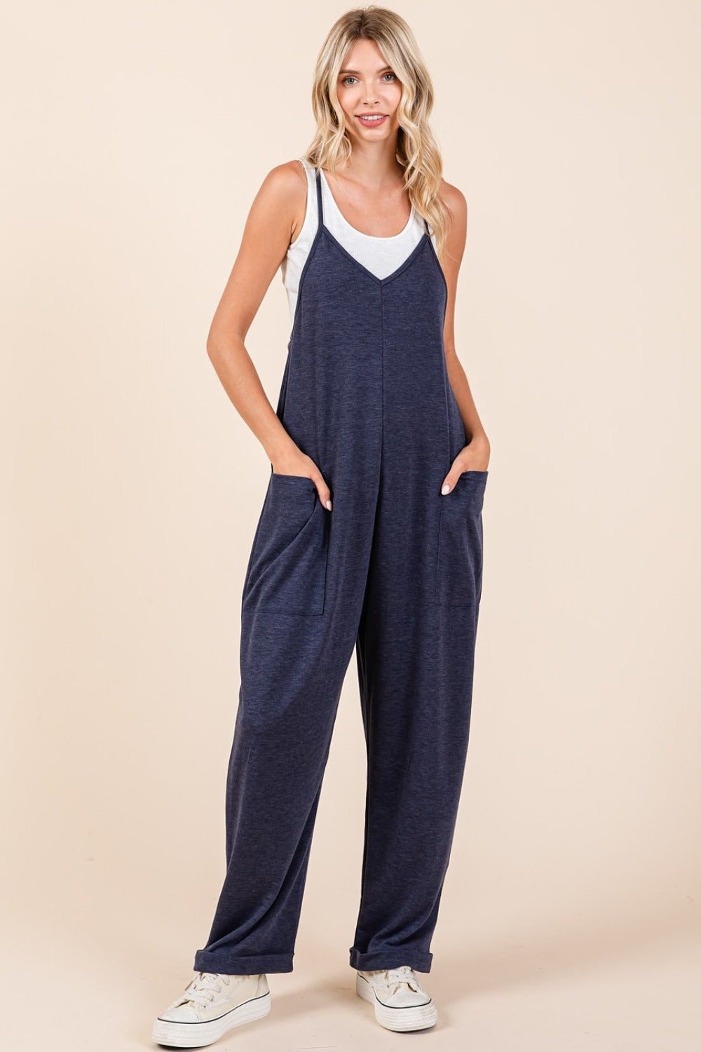 Mittoshop - Navy Patch Pocket Wide Leg Sleeveless Jumpsuit