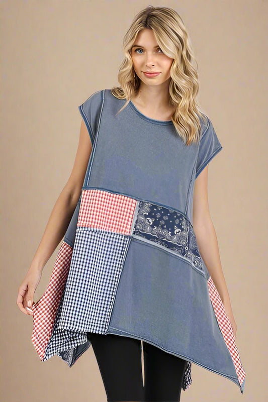 Mittoshop - Navy Patchwork Mineral Washed Cap Sleeve Top