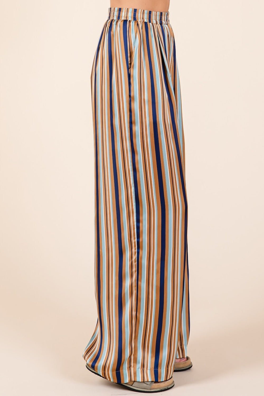 Mittoshop - Navy Striped Elastic Waist Wide Leg Satin Pants