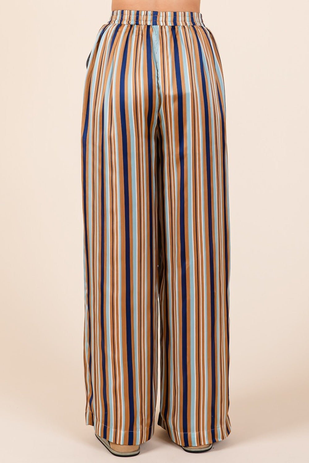 Mittoshop - Navy Striped Elastic Waist Wide Leg Satin Pants