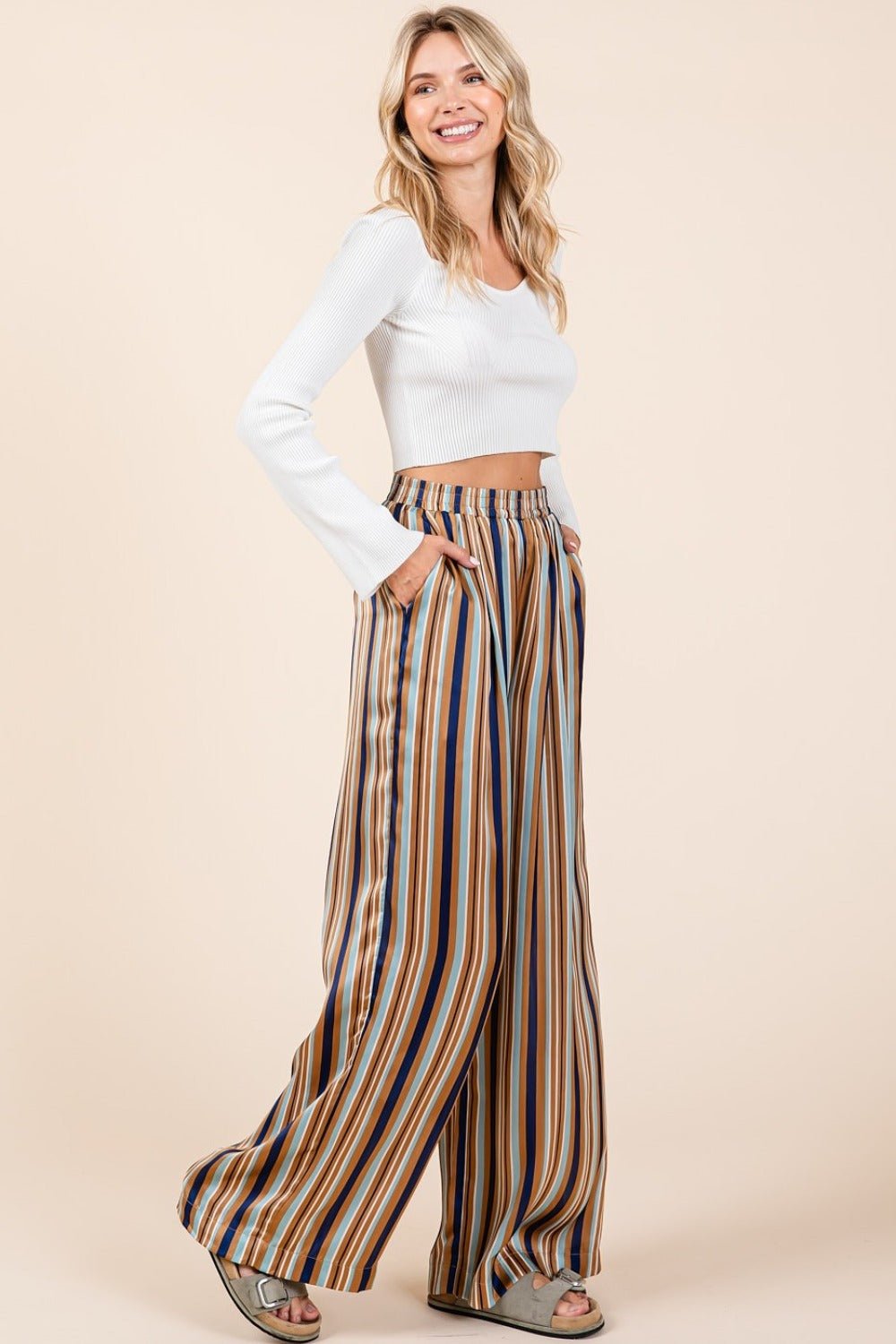 Mittoshop - Navy Striped Elastic Waist Wide Leg Satin Pants