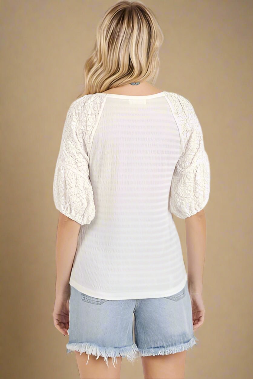 Mittoshop - Off - White Mixed Media Puff Sleeve Blouse