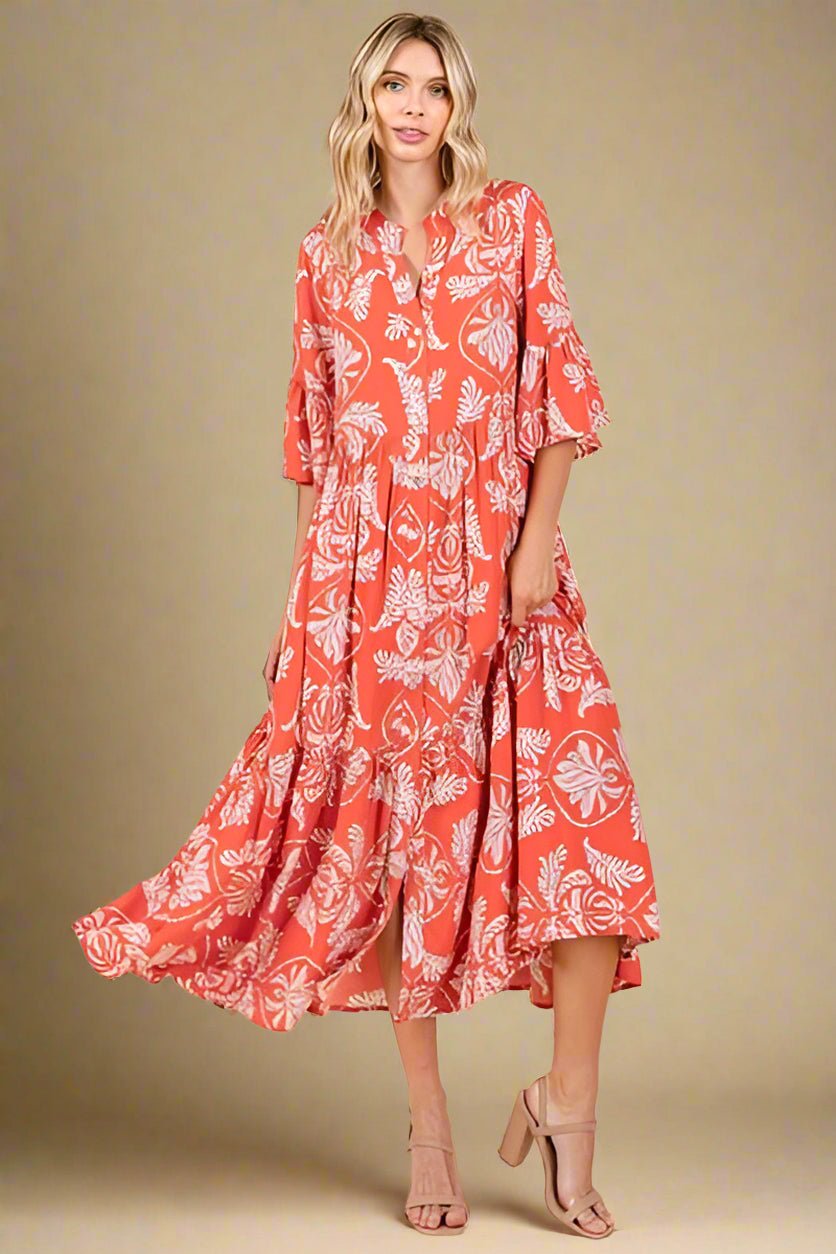 Mittoshop - Orange - Red Abstract Leaf Print Tiered Midi Dress