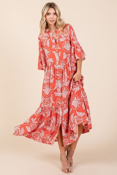 Mittoshop - Orange - Red Abstract Leaf Print Tiered Midi Dress