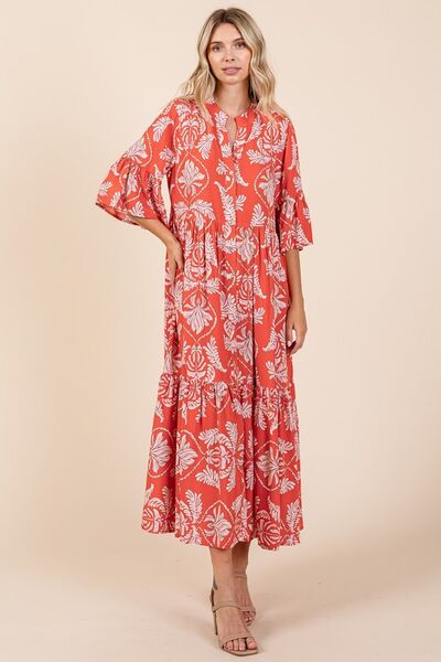 Mittoshop - Orange - Red Abstract Leaf Print Tiered Midi Dress