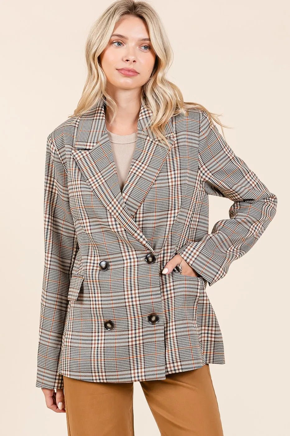 Mittoshop - Oversized Plaid Blazer in Taupe & Rust