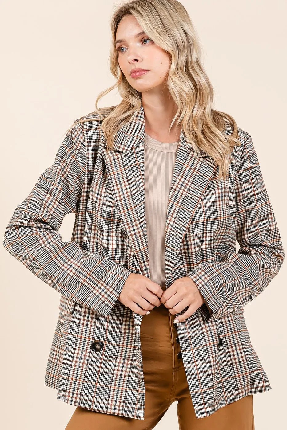 Mittoshop - Oversized Plaid Blazer in Taupe & Rust