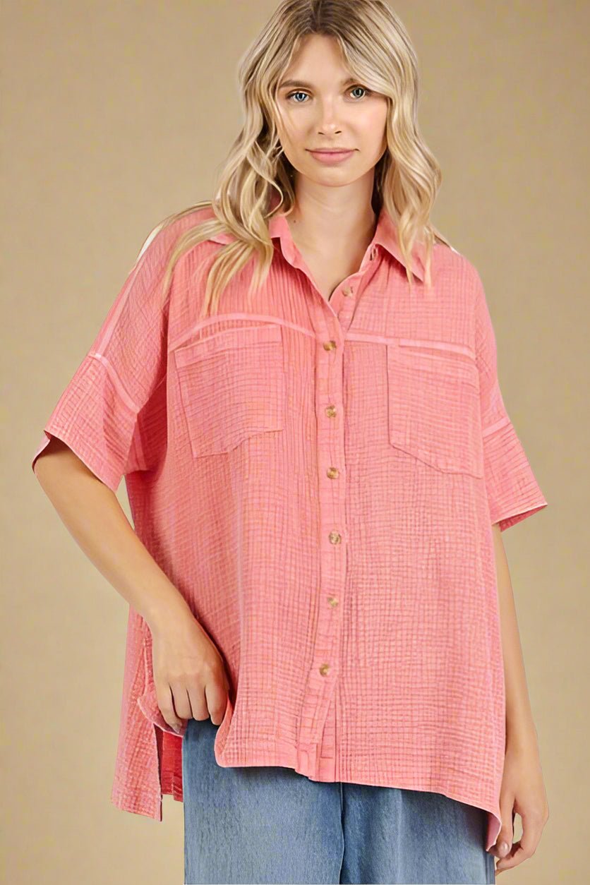 Mittoshop - Oversized Short Sleeve Shirt in Deep Coral
