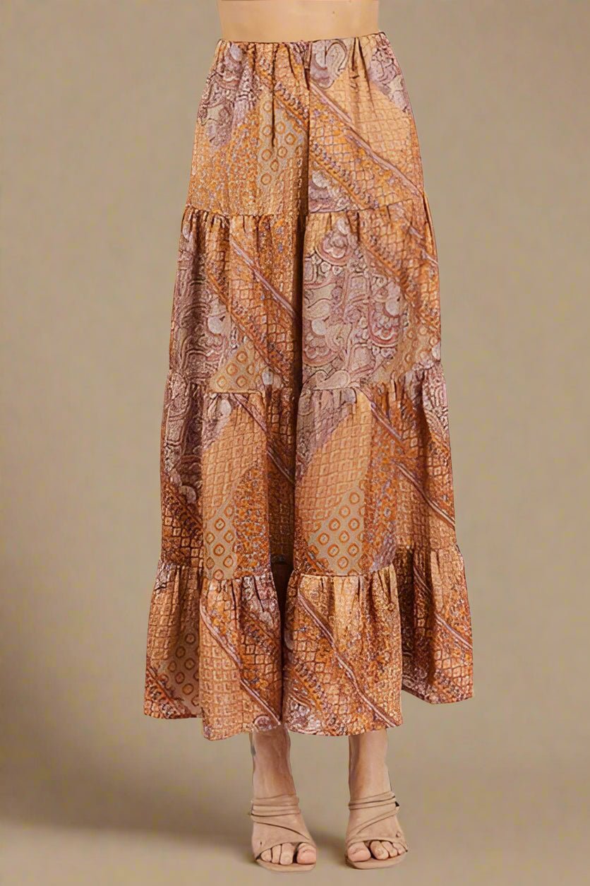Mittoshop - Paisley Patchwork Satin Maxi Skirt in Hazelnut