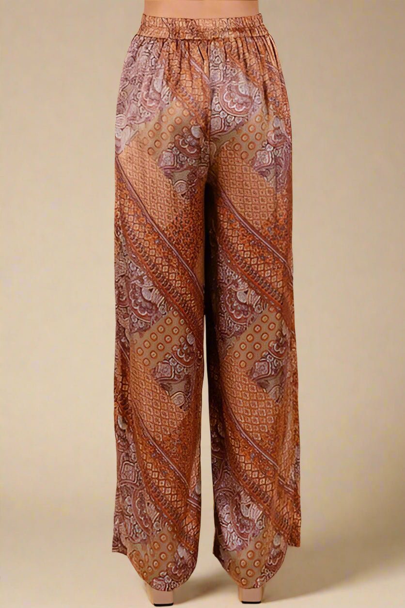 Mittoshop - Paisley Wide Leg Satin Pants in Hazelnut