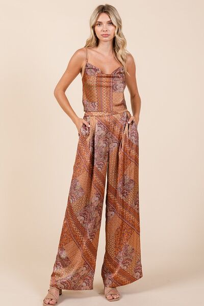 Mittoshop - Paisley Wide Leg Satin Pants in Hazelnut