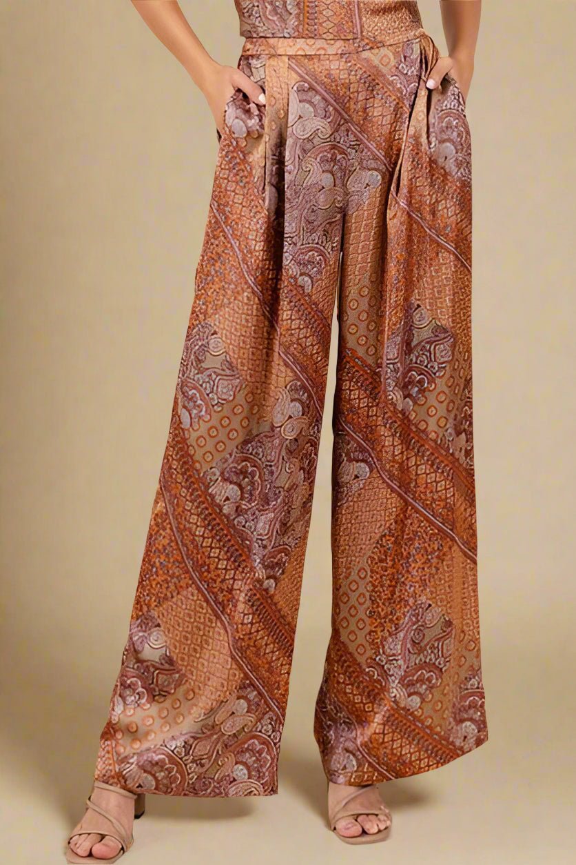 Mittoshop - Paisley Wide Leg Satin Pants in Hazelnut