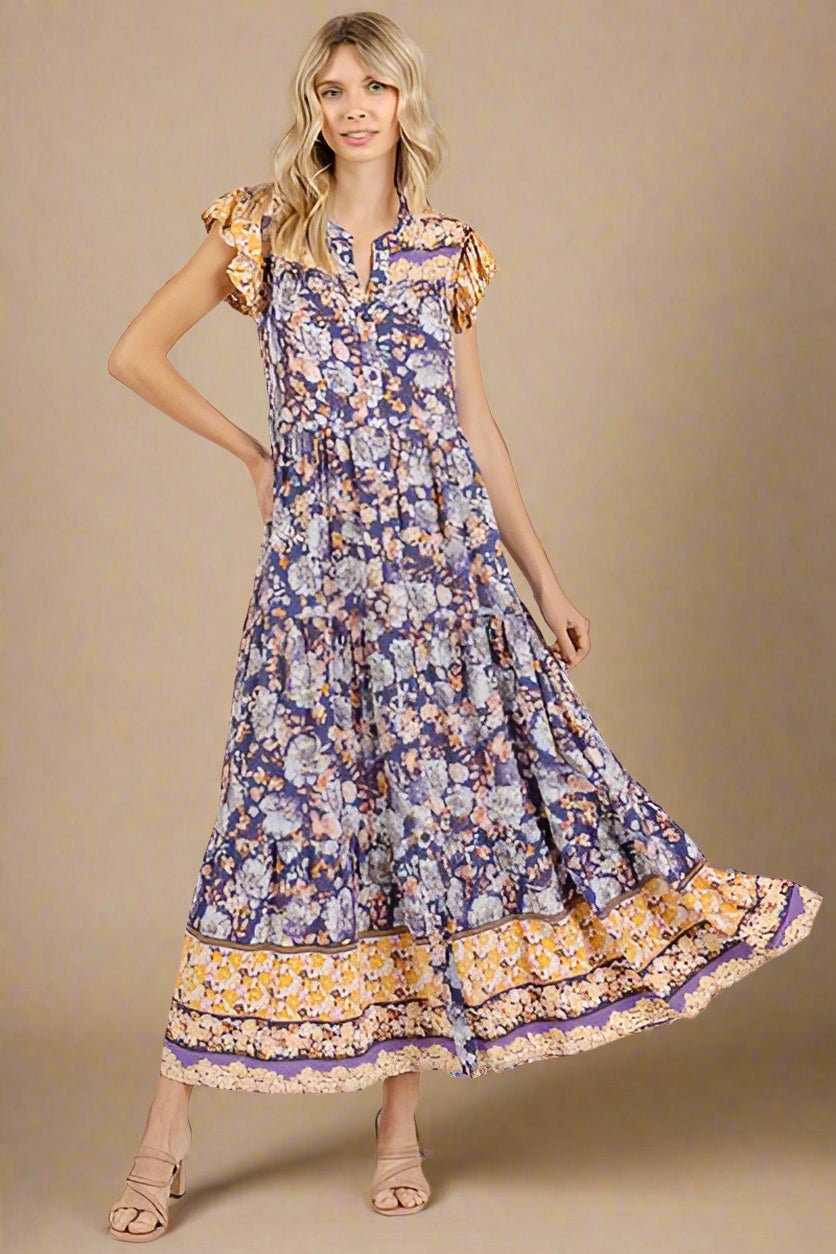 Mittoshop - Peacock Blue Floral Ruffled Cap Sleeve Maxi Dress