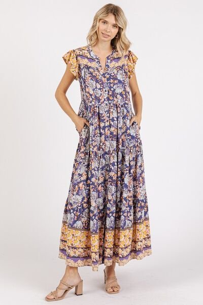 Mittoshop - Peacock Blue Floral Ruffled Cap Sleeve Maxi Dress