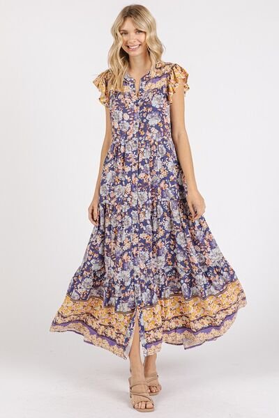 Mittoshop - Peacock Blue Floral Ruffled Cap Sleeve Maxi Dress