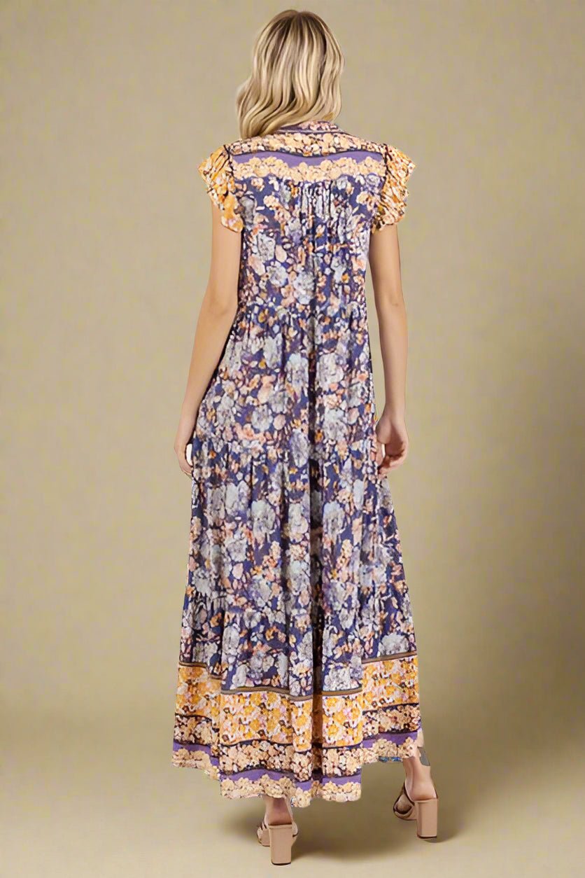 Mittoshop - Peacock Blue Floral Ruffled Cap Sleeve Maxi Dress