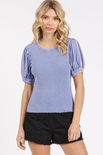 Mittoshop - Peri Blue Mineral Wash Puff Sleeve Top