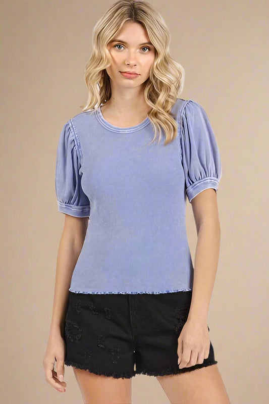 Mittoshop - Peri Blue Mineral Wash Puff Sleeve Top