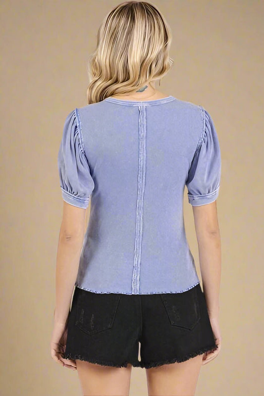 Mittoshop - Peri Blue Mineral Wash Puff Sleeve Top
