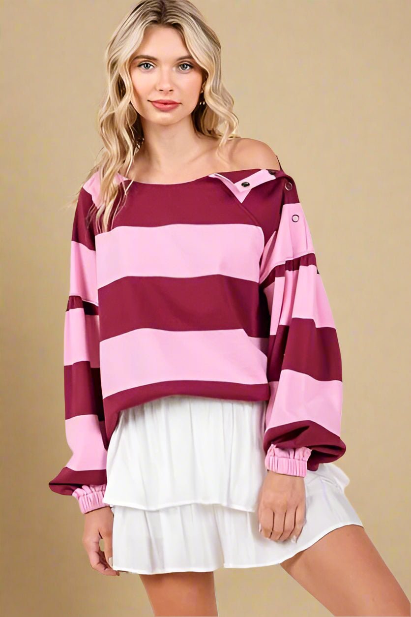 Mittoshop - Pink & Wine Striped Snap Shoulder T-Shirt
