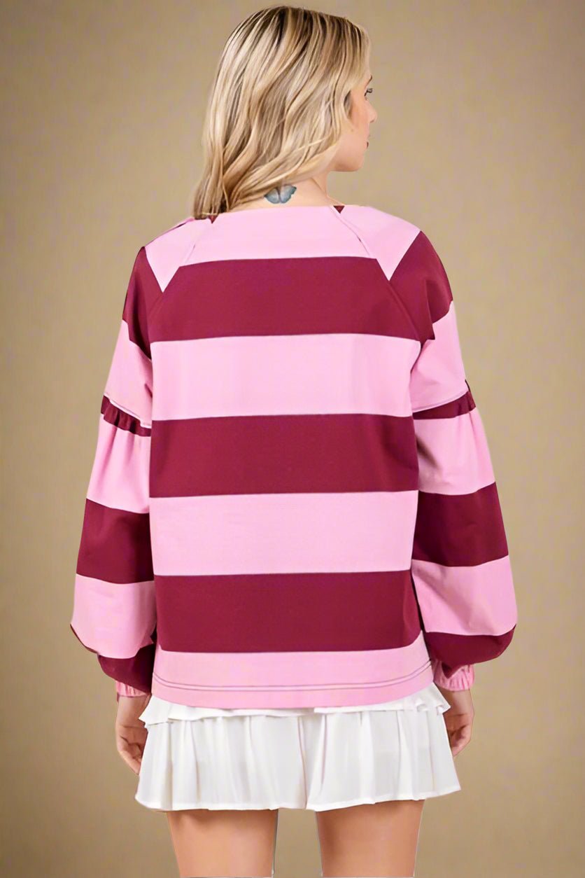 Mittoshop - Pink & Wine Striped Snap Shoulder T-Shirt