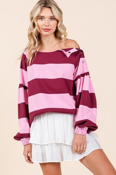 Mittoshop - Pink & Wine Striped Snap Shoulder T-Shirt