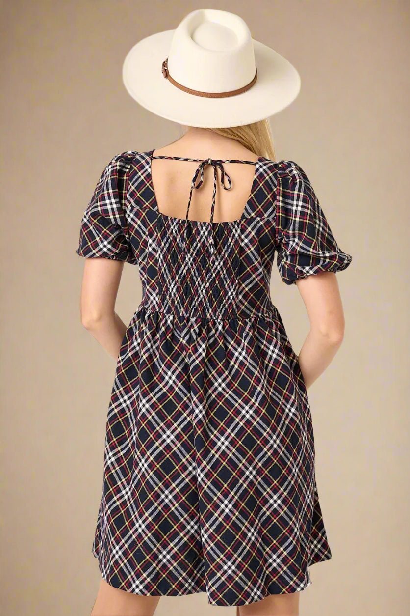 Mittoshop - Plaid Square Neck Babydoll Mini Dress in Navy Multi