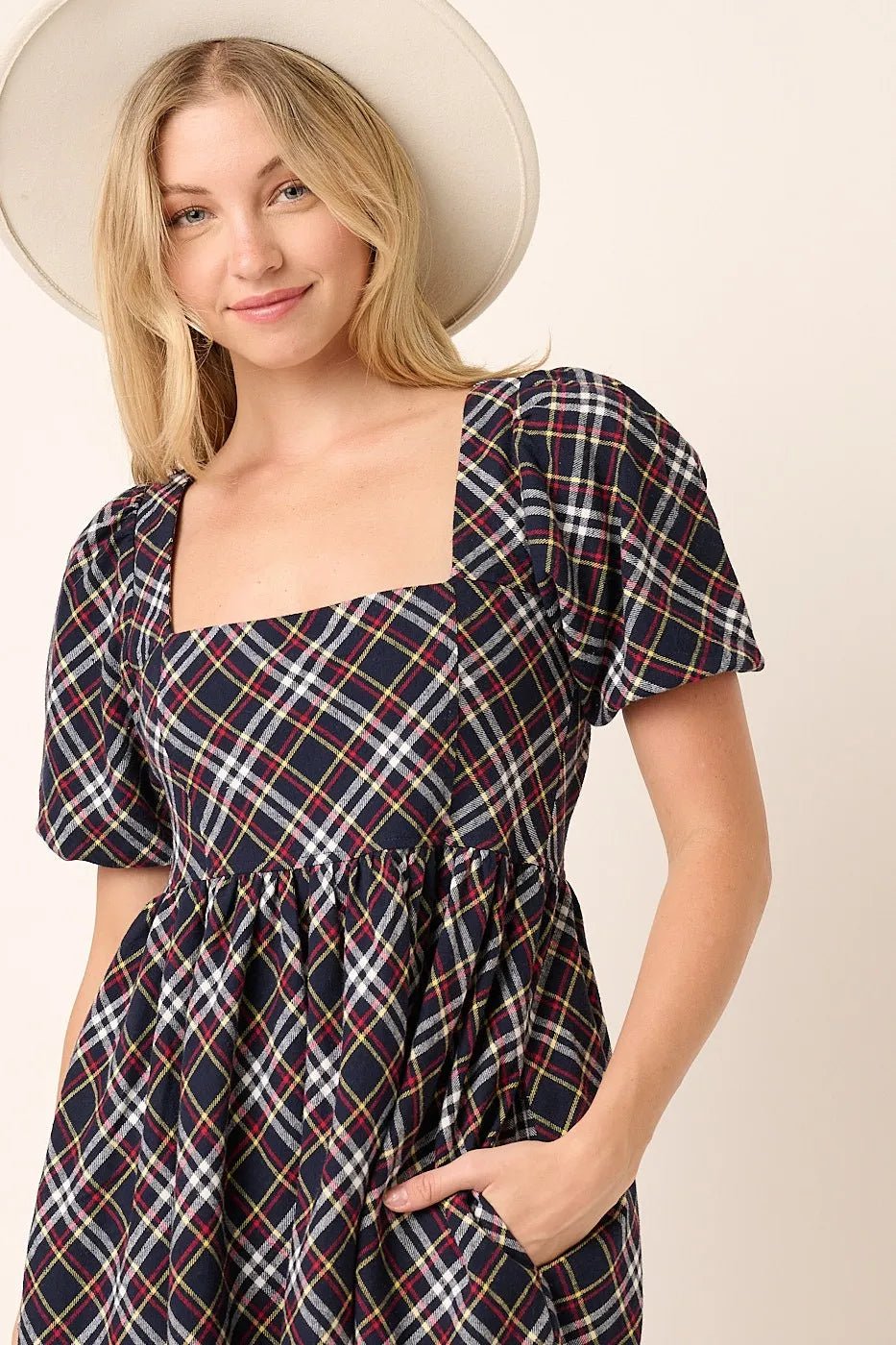 Mittoshop - Plaid Square Neck Babydoll Mini Dress in Navy Multi