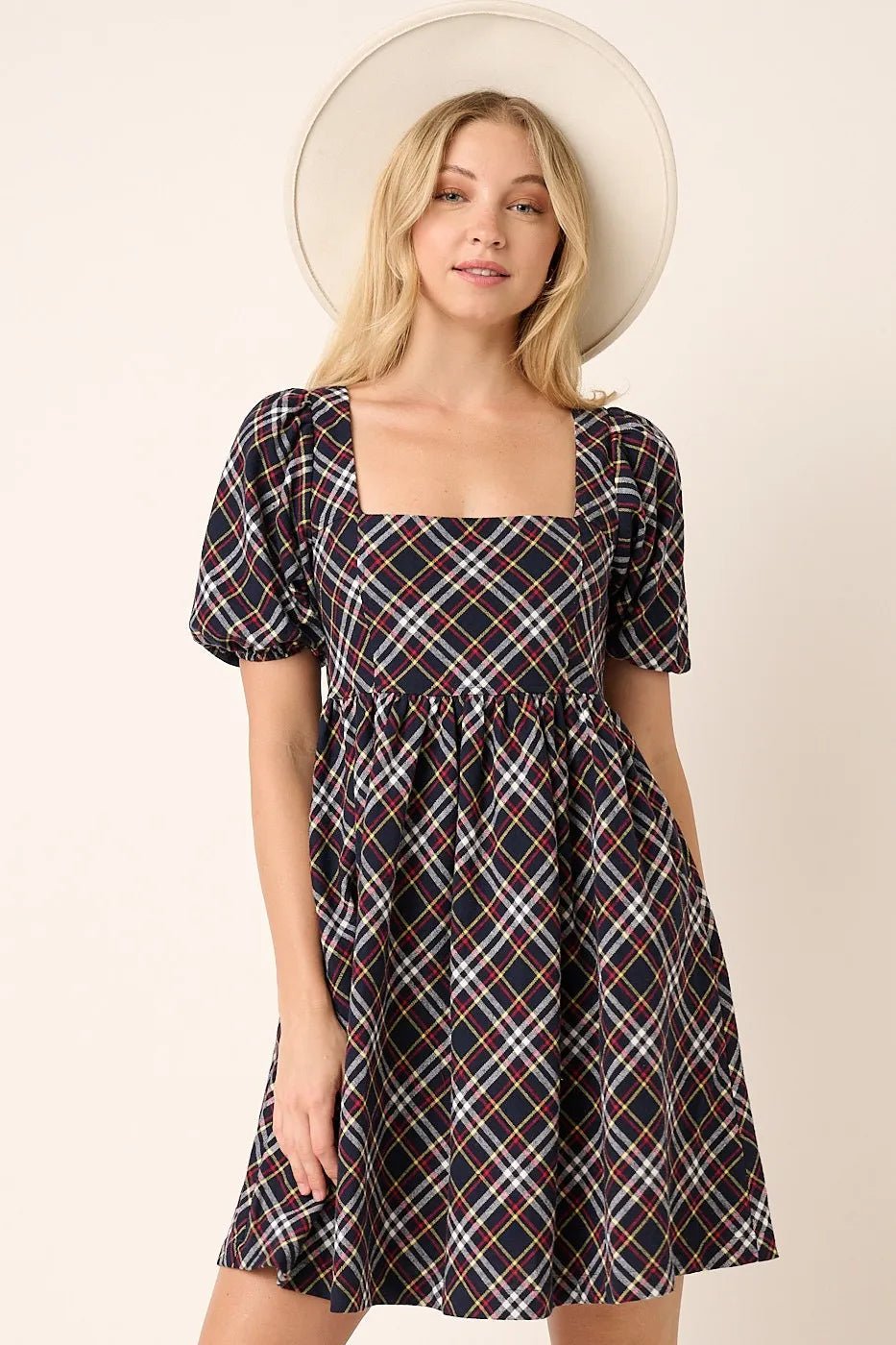 Mittoshop - Plaid Square Neck Babydoll Mini Dress in Navy Multi
