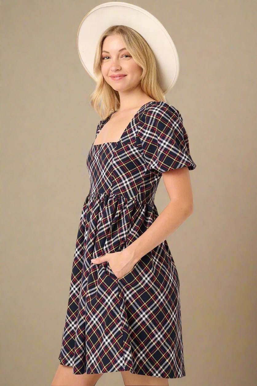 Mittoshop - Plaid Square Neck Babydoll Mini Dress in Navy Multi