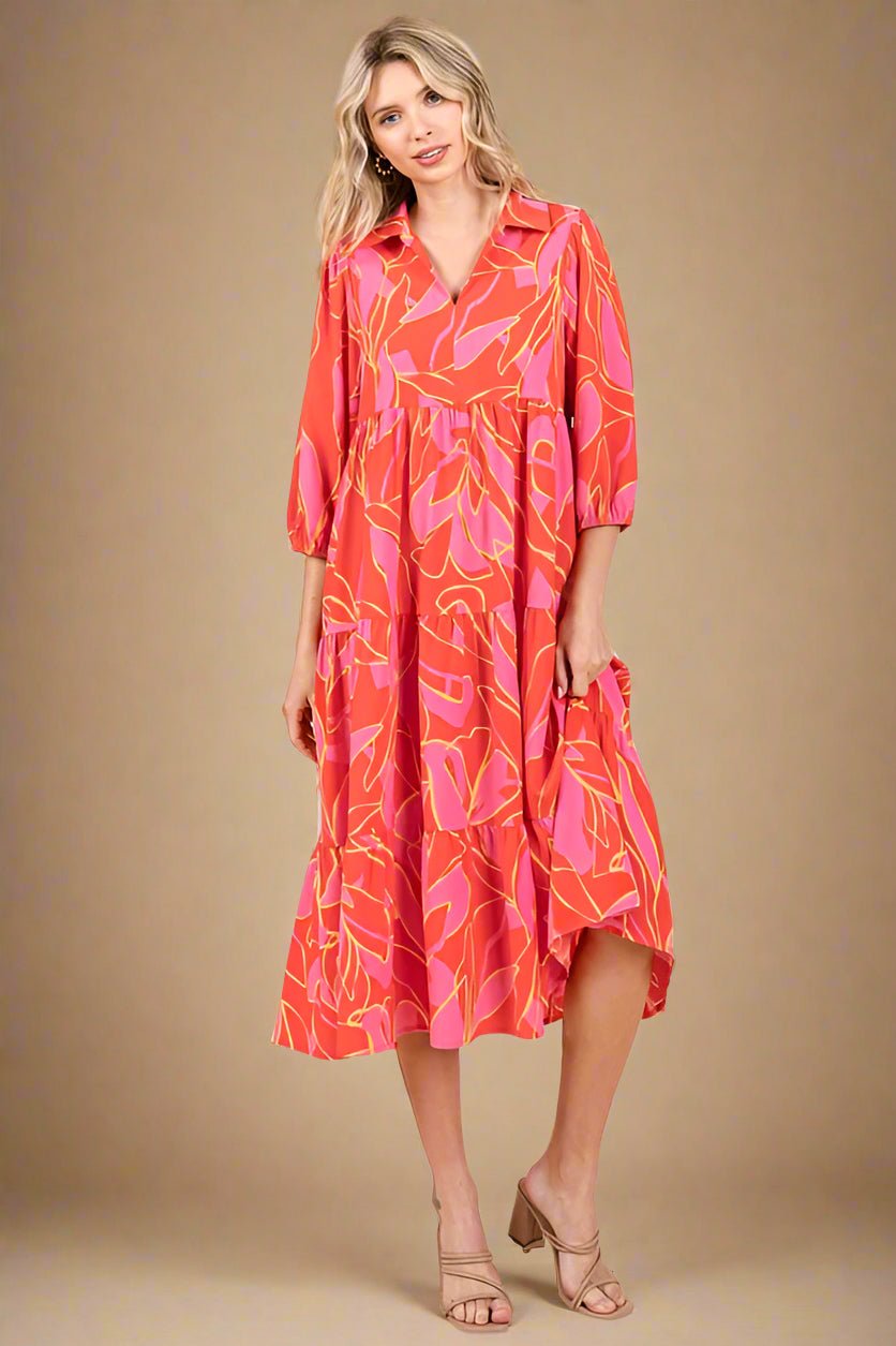 Mittoshop - Printed Tiered Midi Dress in Coral