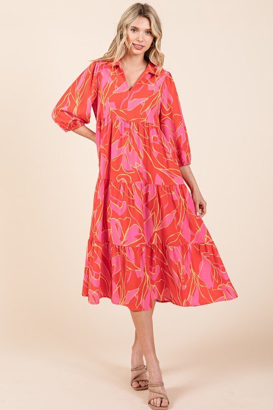 Mittoshop - Printed Tiered Midi Dress in Coral