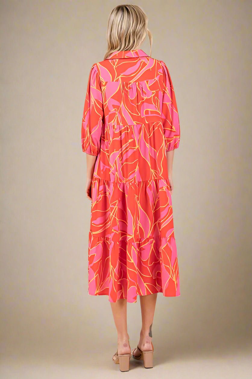 Mittoshop - Printed Tiered Midi Dress in Coral
