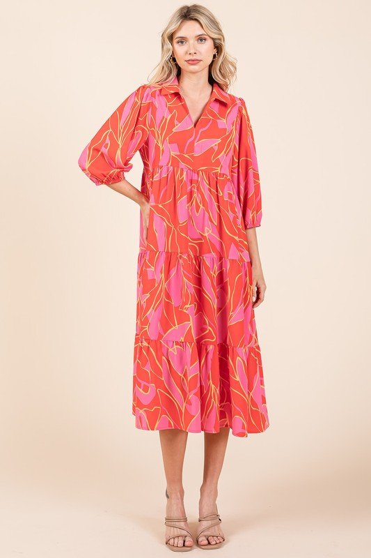 Mittoshop - Printed Tiered Midi Dress in Coral