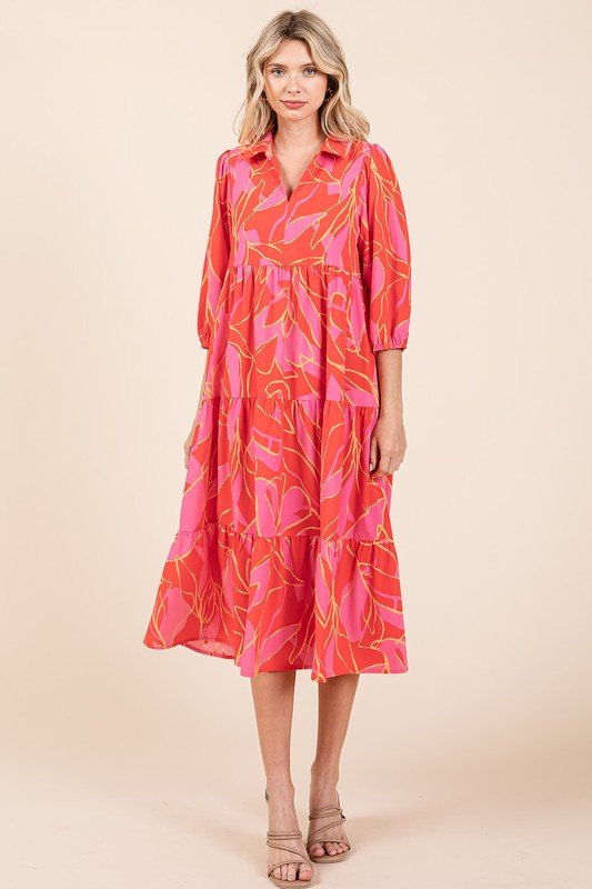 Mittoshop - Printed Tiered Midi Dress in Coral