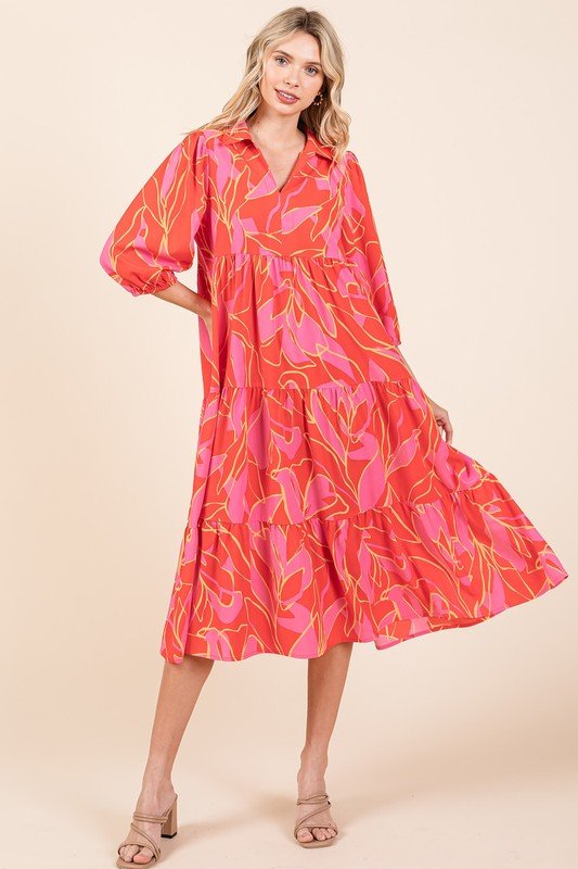 Mittoshop - Printed Tiered Midi Dress in Coral