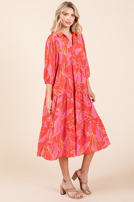 Mittoshop - Printed Tiered Midi Dress in Coral