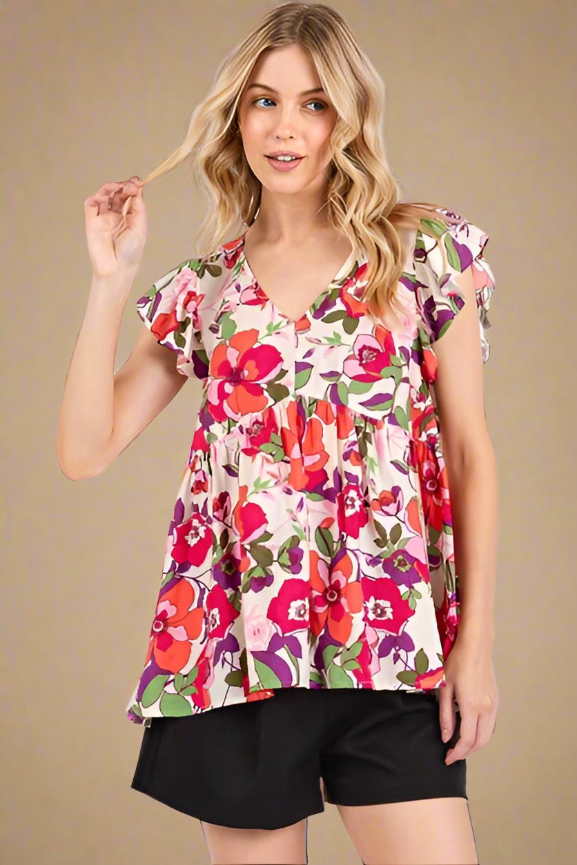 Mittoshop - Red Floral Ruffled Cap Sleeve Blouse