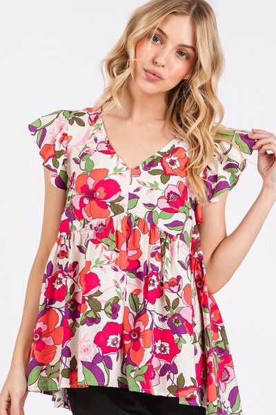 Mittoshop - Red Floral Ruffled Cap Sleeve Blouse