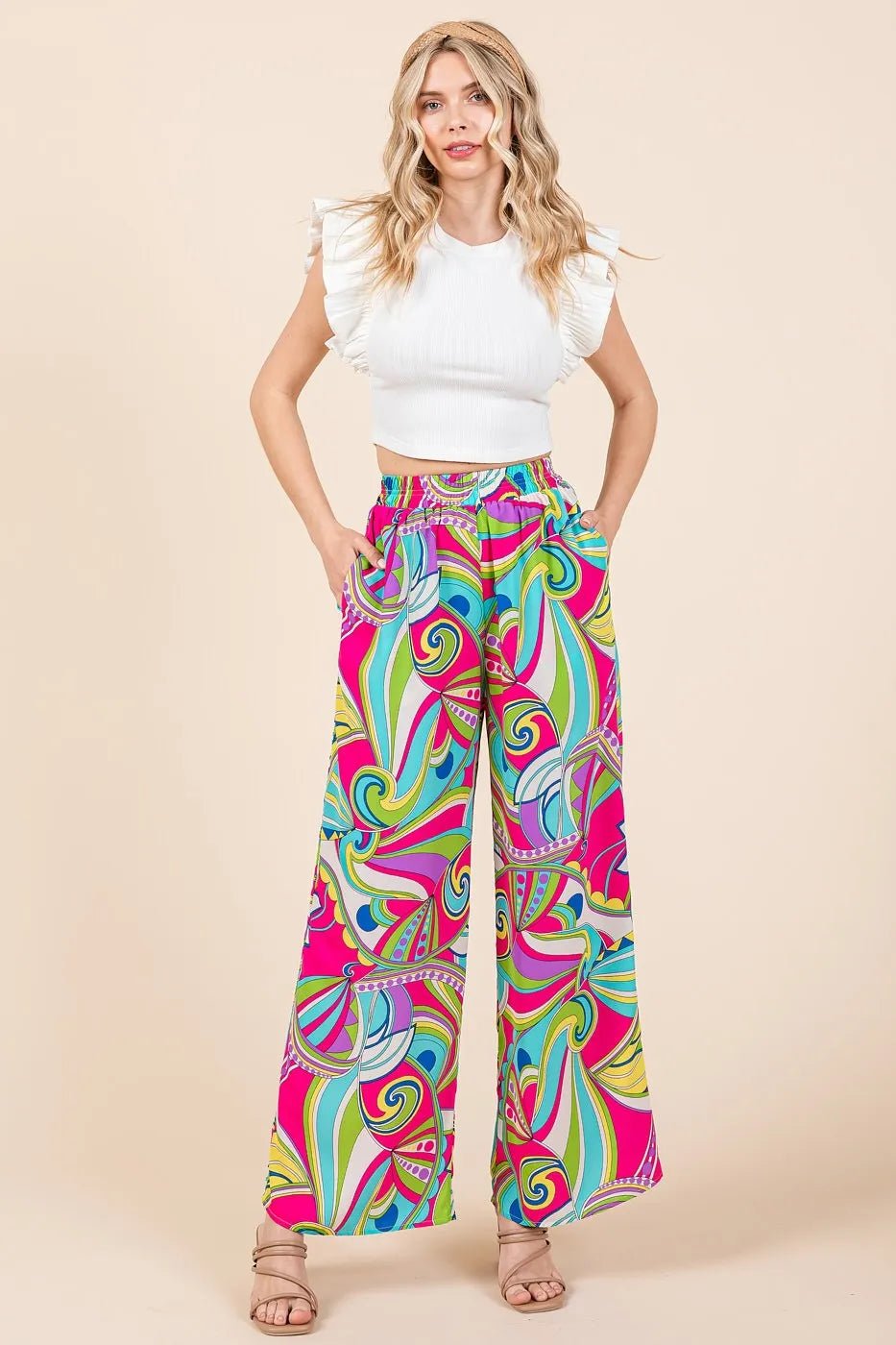 Mittoshop - Retro Swirl Wide Leg Pants in Hot Pink Multi