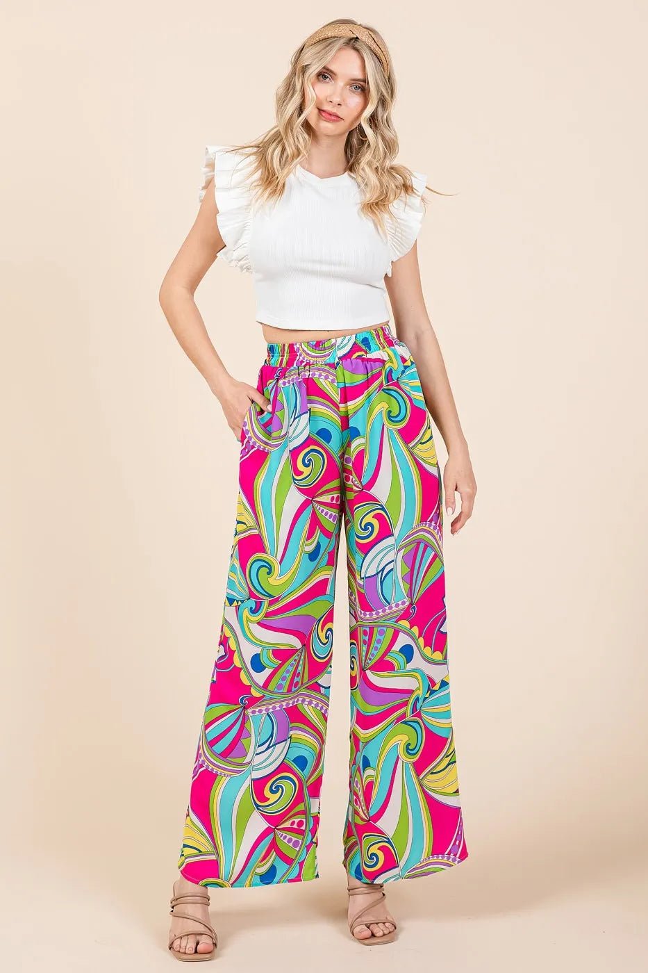 Mittoshop - Retro Swirl Wide Leg Pants in Hot Pink Multi