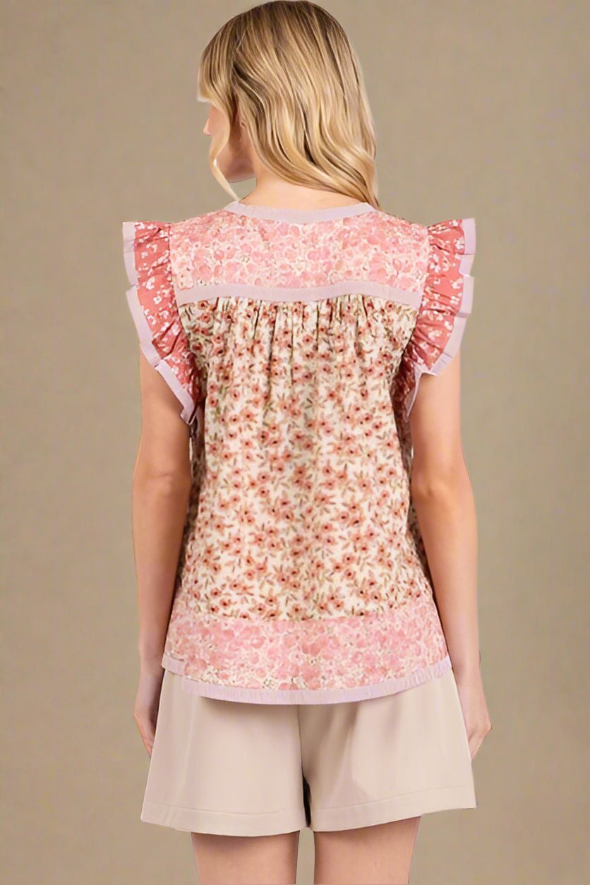 Mittoshop - Rose Pink Floral Ruffled Cap Sleeve Blouse