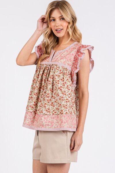 Mittoshop - Rose Pink Floral Ruffled Cap Sleeve Blouse