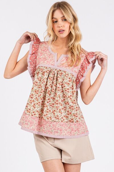 Mittoshop - Rose Pink Floral Ruffled Cap Sleeve Blouse