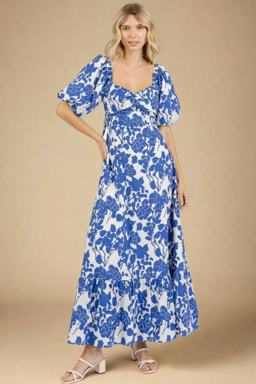 Mittoshop - Royal Blue Floral Puff Sleeve Cotton Maxi Dress