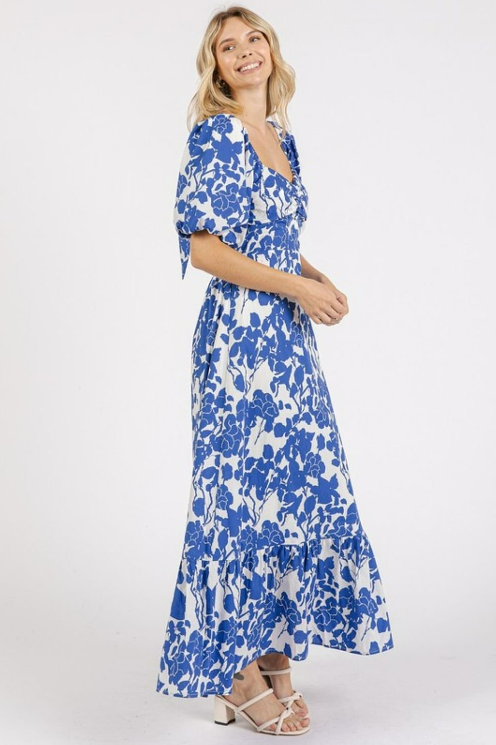Mittoshop - Royal Blue Floral Puff Sleeve Cotton Maxi Dress