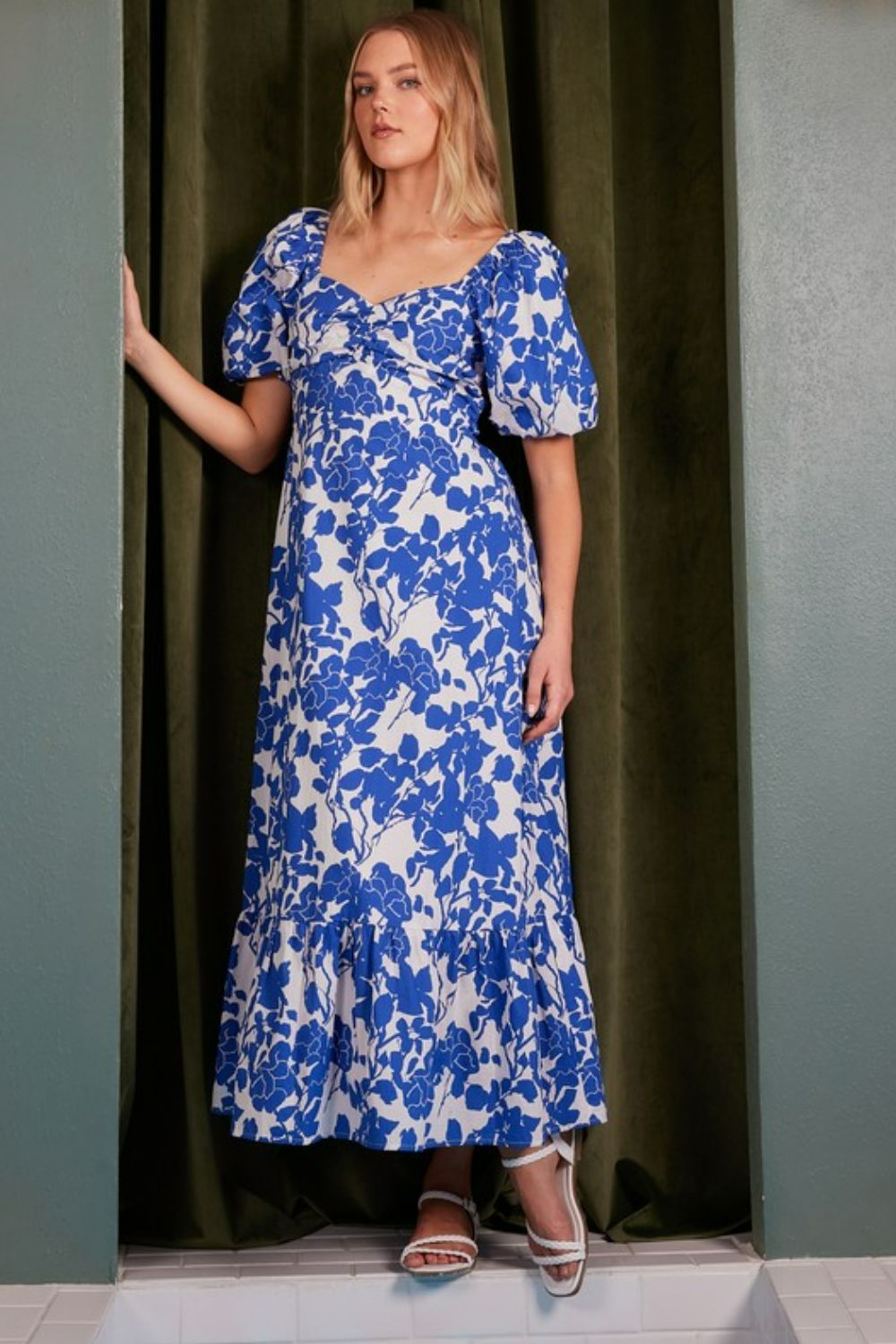 Mittoshop - Royal Blue Floral Puff Sleeve Cotton Maxi Dress